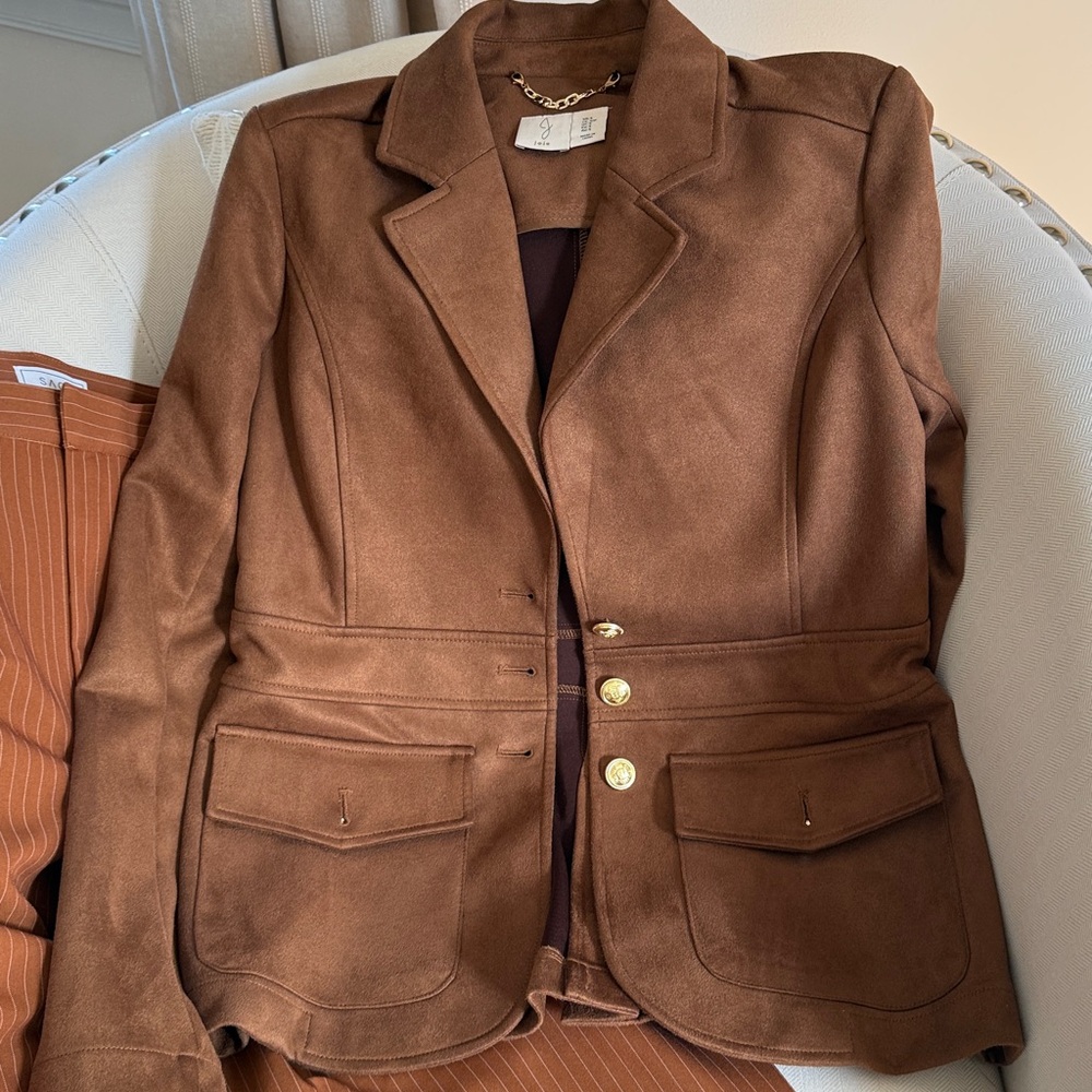Equestrian Style Brown Faux Suede Blazer with Gold Buttons